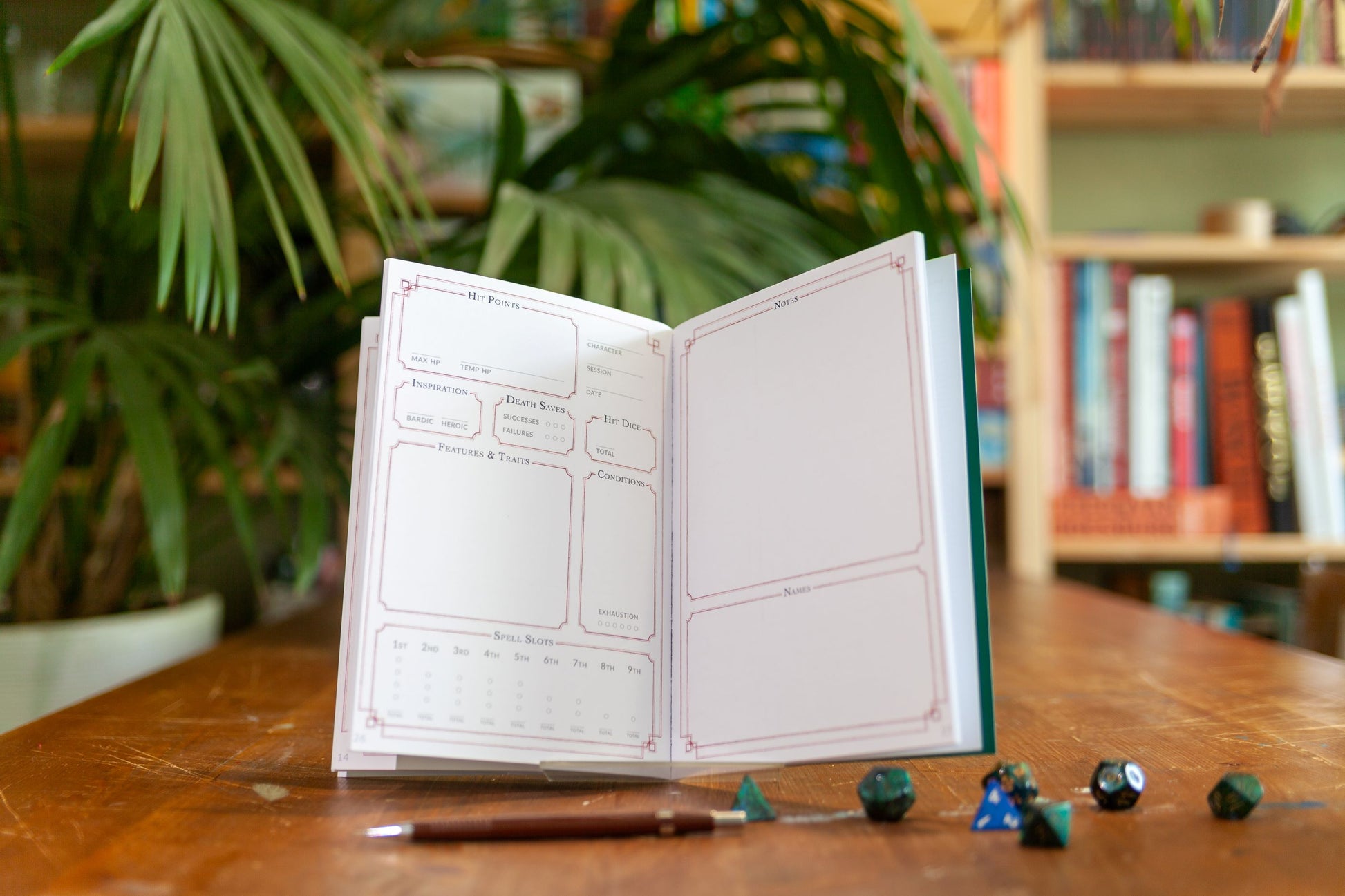 An open spread of the Adventure Log. On the left are boxes for hit points, hit dice, death saves, inspiration, conditions, features, traits, and spell slots. On the left are two large boxes: one for notes, the other for names. This is one of the 25 identical spreads this D&D notebook contains.