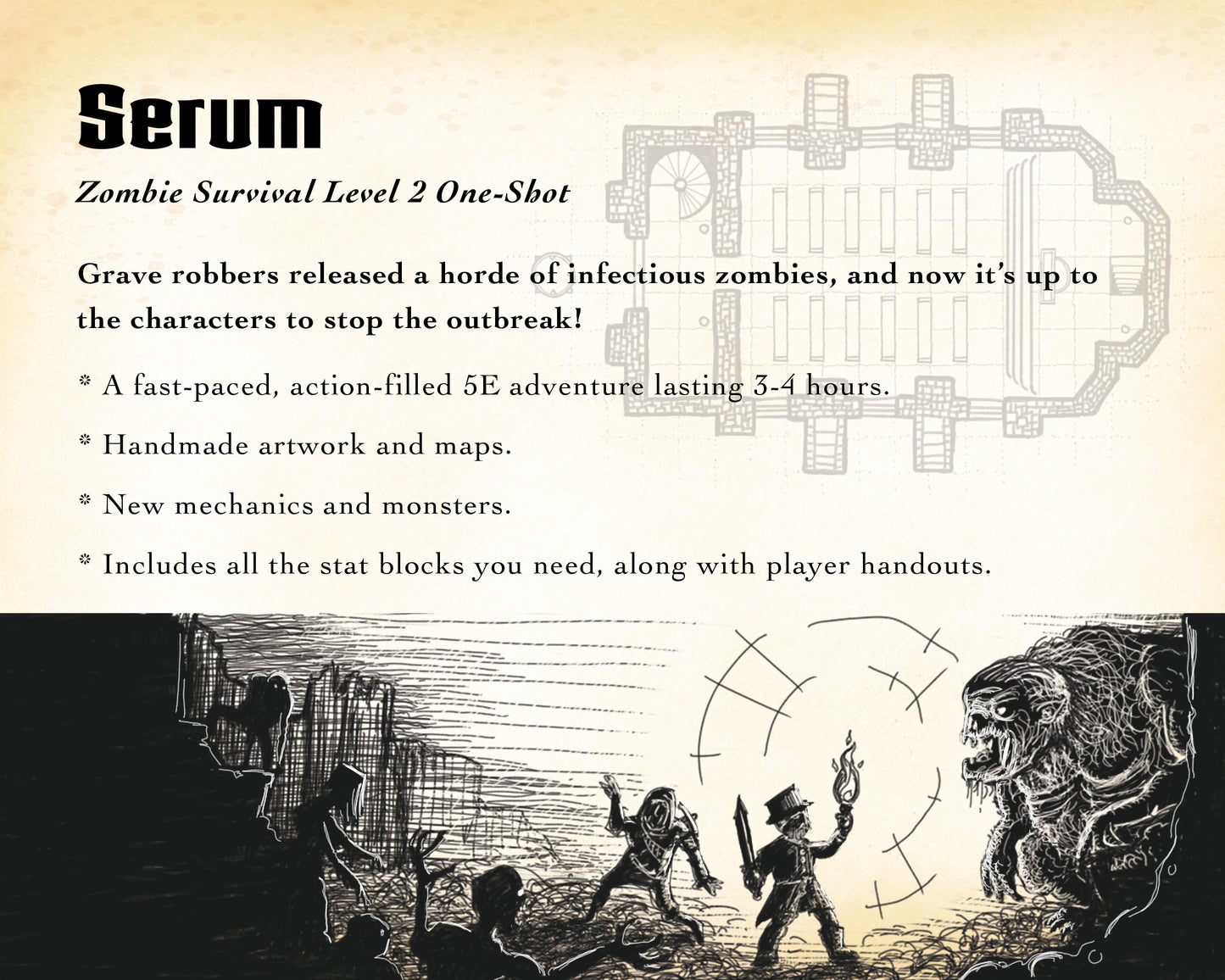 Information about Serum, A Zombie Survival One-Shot for DnD Characters of Level 2.