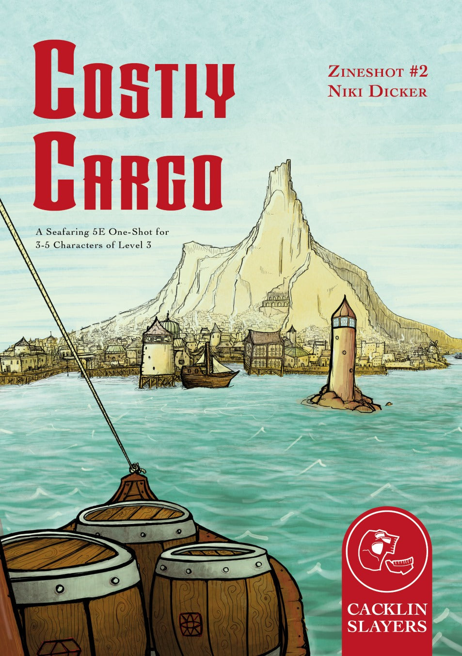 A sailing ship filled with barrels is sailing into a bustling harbor. A mountain towers in the distance.