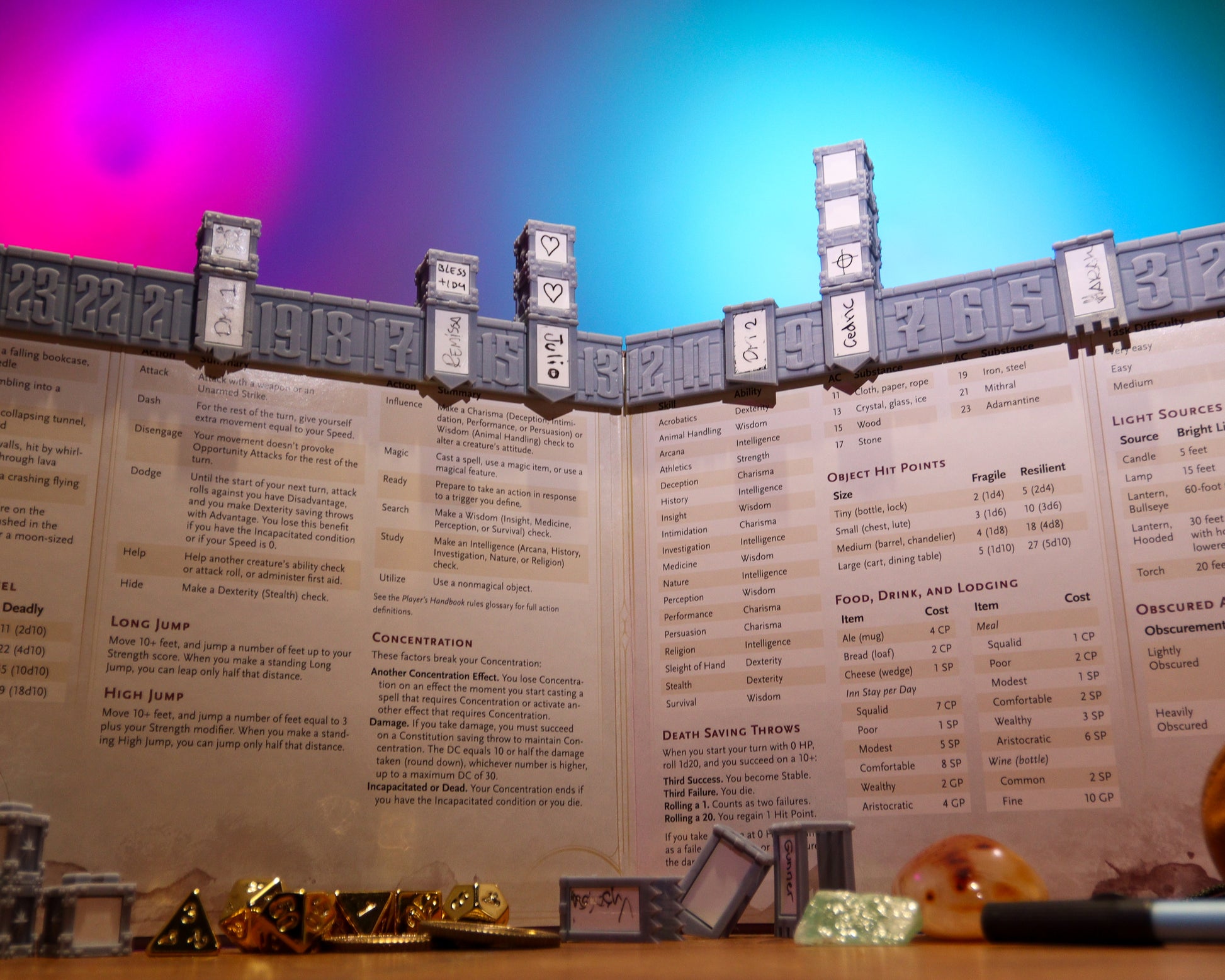 A wide shot of Cacklin Slayers' Initiative tracker with six banners on it, as well as a couple of stackable combat cubes to display various conditions and spell effects.