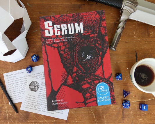 Zineshot #1: Serum lies on a wooden table, surrounded by a sword, a skull, handouts, dice, and a cup of black coffee.