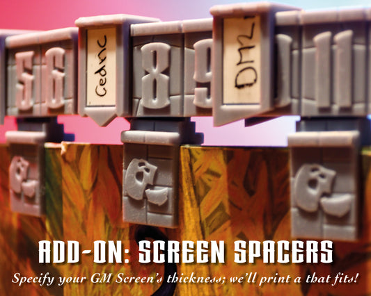 If your GM screen is thicker than the standard 2 mm DM screen, you can order a set of custom-printed tracker spacers. Each spacer has a little skull on it: the logo of Cacklin Slayers.