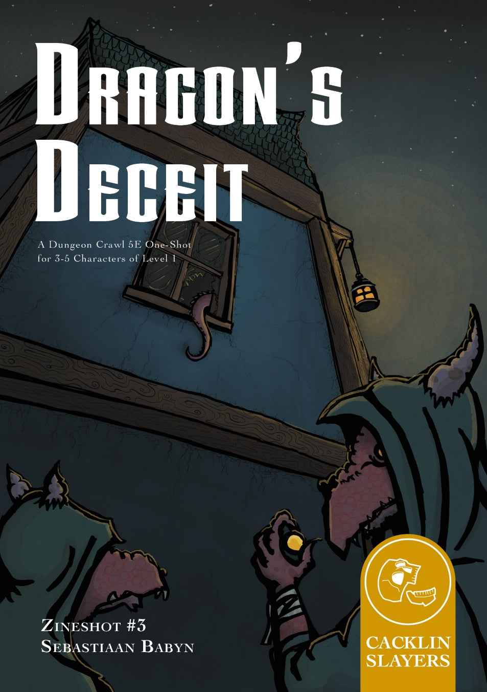 Two cloaked creatures with horns are examining a gold piece. In the distance, you can see the tail of a third creature breaking into a house through the window.