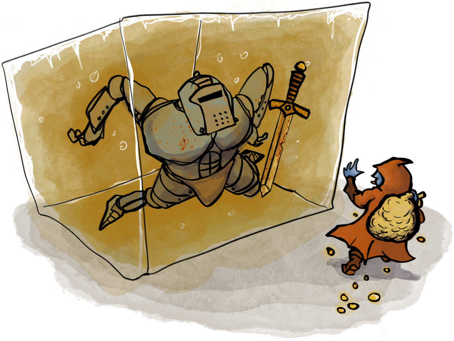 A fighter-type character in full-plate armor is stuck in a gelatinous cube. The rogue sticks out his tongue, running away with the loot.