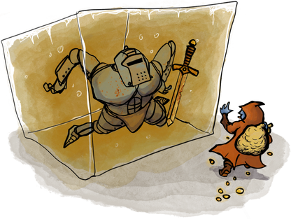 A fighter-type character in full-plate armor is stuck in a gelatinous cube. The rogue sticks out his tongue, running away with the loot.