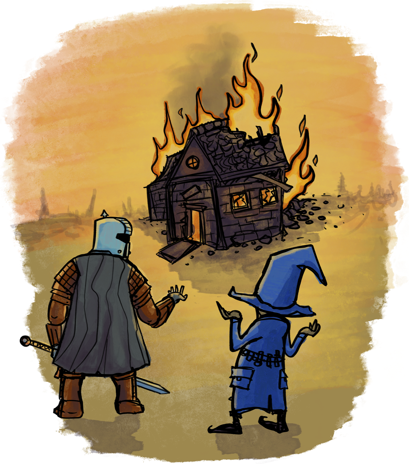 A wizard shrugs while the inn burns in the background.