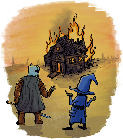 A wizard shrugs while the inn burns in the background.