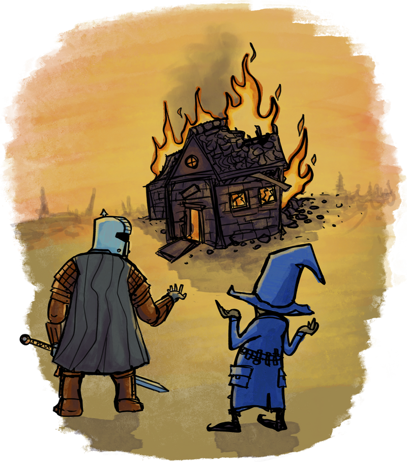 A wizard shrugs while the inn burns in the background.