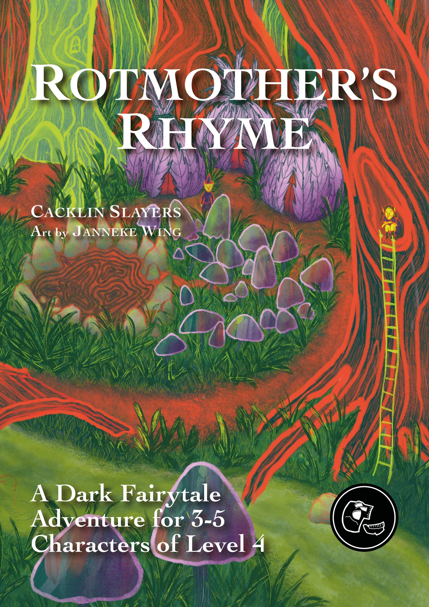 The cover of Rotmother's Rhyme shows a gloomy forest gnome village in a psychedelic, almost neon color palette.