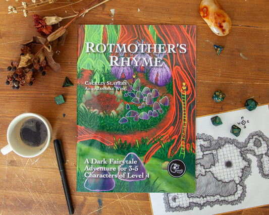 A physical copy of Rotmother's Rhyme lies on a wooden table, surrounded by dice, a map, dried flowers, a stone, and a cup of black coffee.