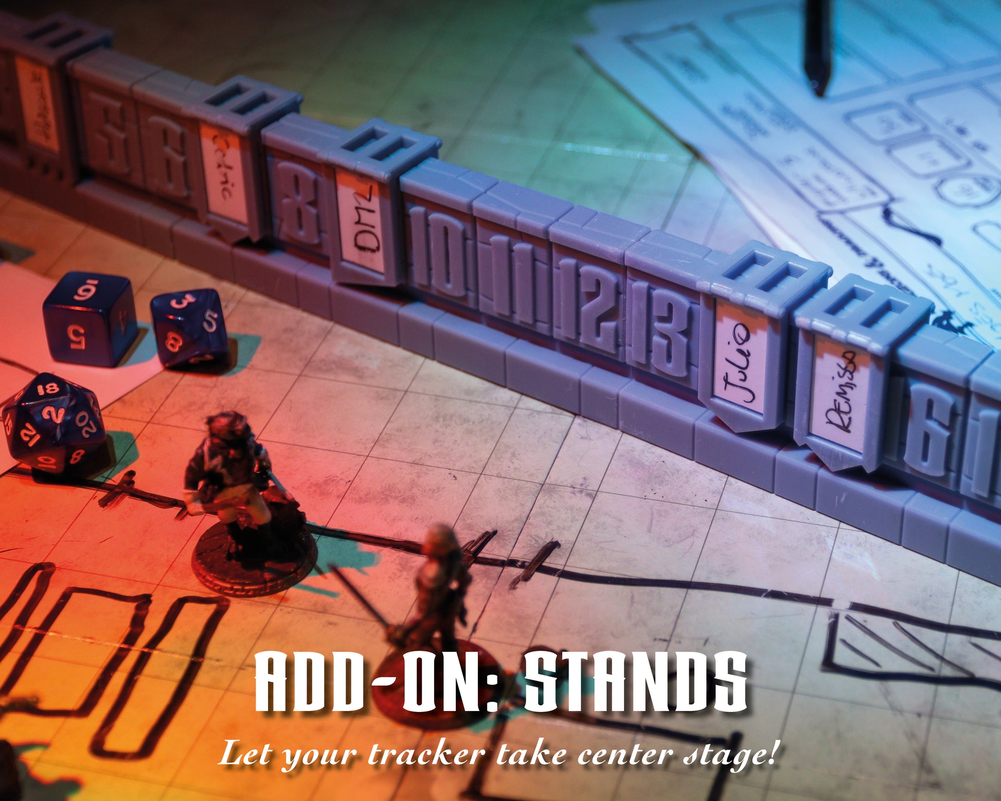 Cacklin Slayers' Initiative Tracker standing on a battle grid on the table. The tracker stands add-on lets your tracker take center stage!