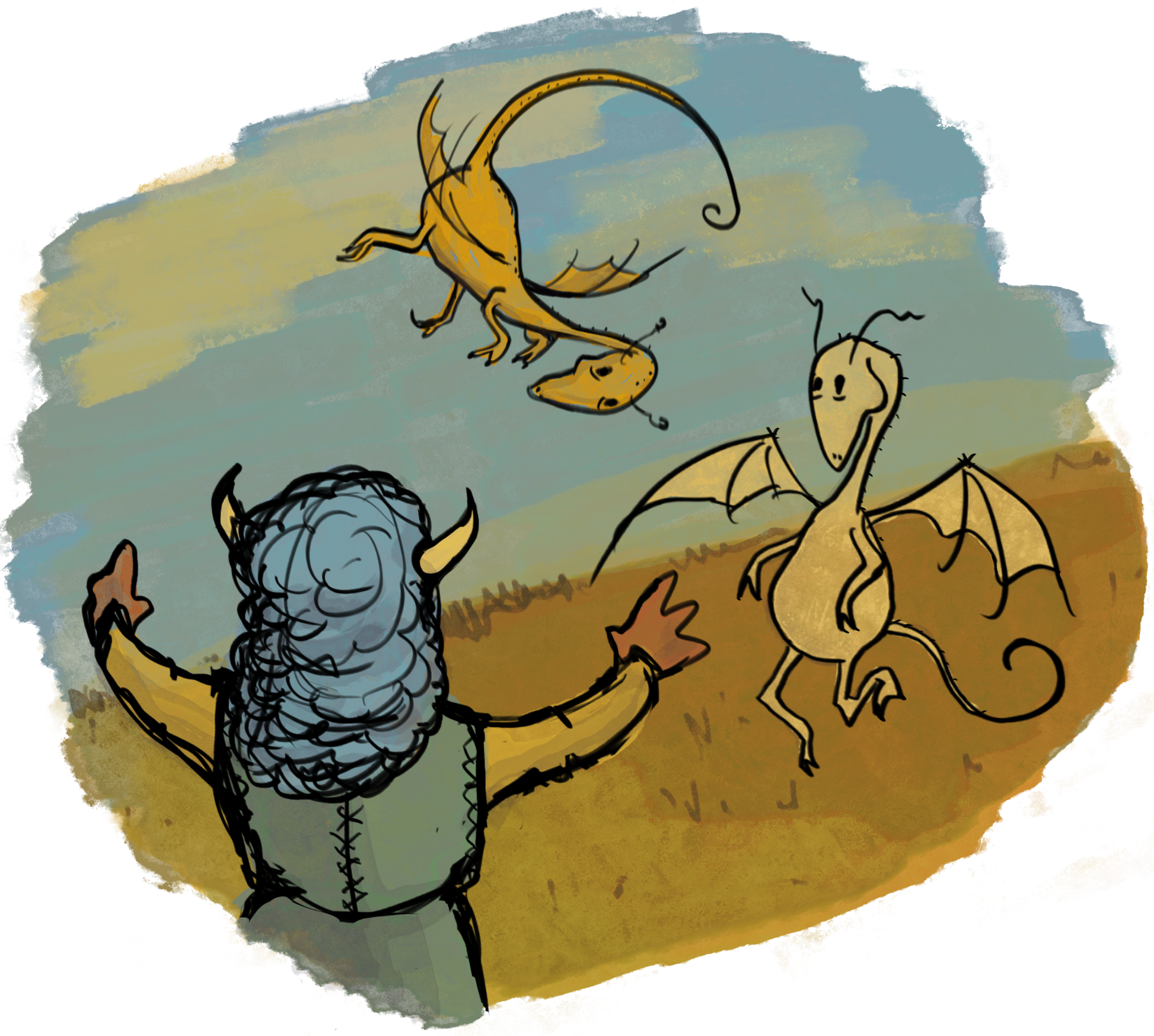 A tiefling child playing with two pseudodragons.