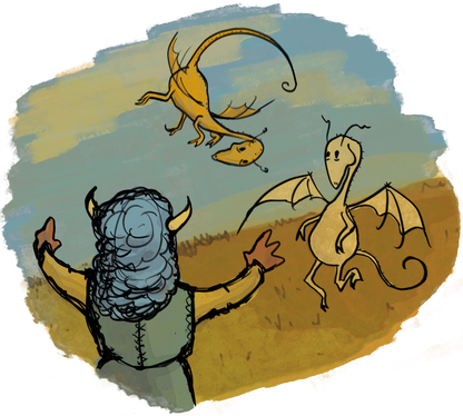 A tiefling child playing with two pseudodragons.