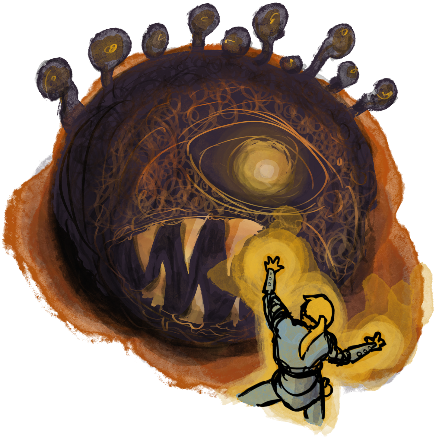 A paladin holding her ground fighting a beholder.