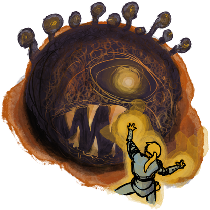 A paladin holding her ground fighting a beholder.
