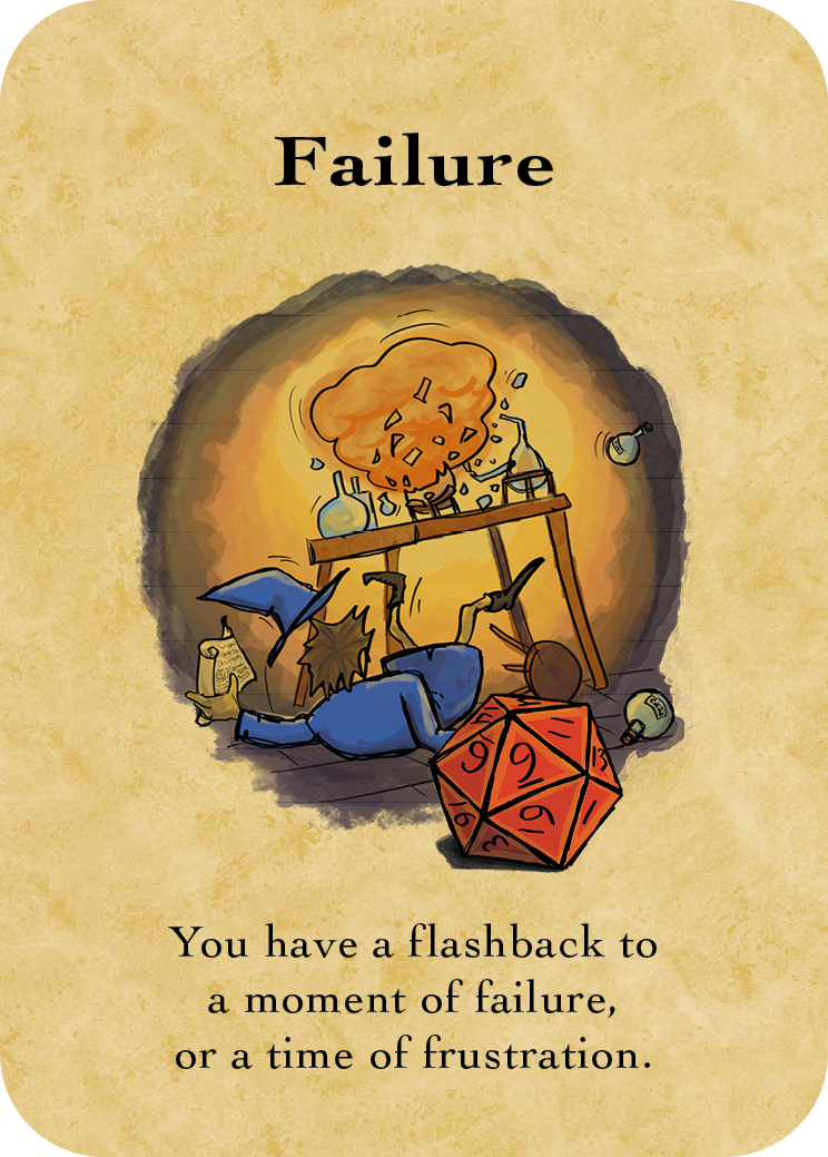 Example of a card from the Death Saves Deck: a wizard falls backwards because of the explosion of his alchemy set. The text reads: "You have a flashback to a moment of failure, or a time of frustration."