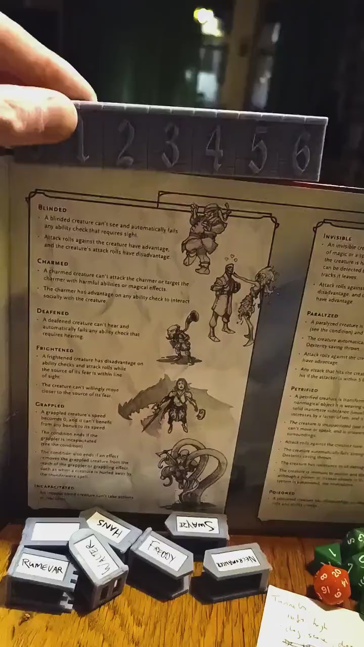 The initiative tracker is mountable on regular GM screens. Thanks to the 0-25 initiative range and the whiteboard banners, you can easily plug your your place in the initiative order. Speed up your combat!